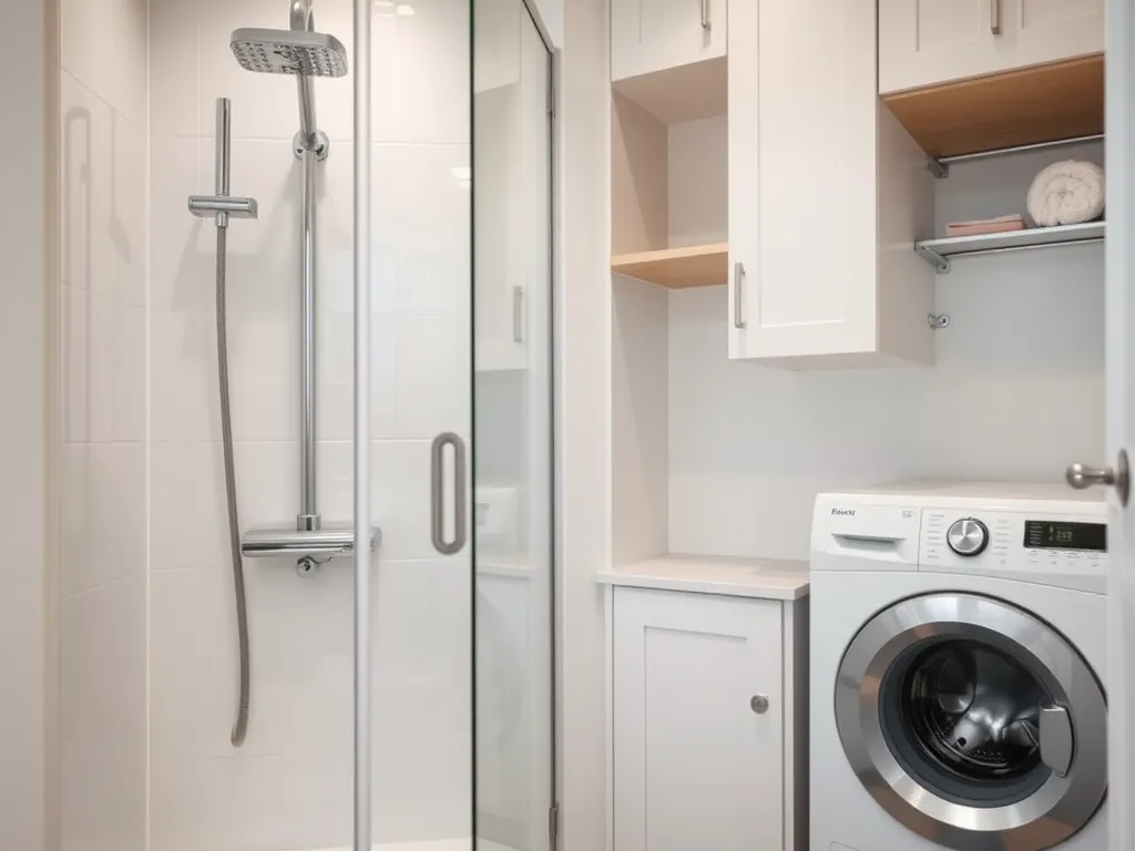 Bardzo mała łazienka z prysznicem i pralką – inspiracje