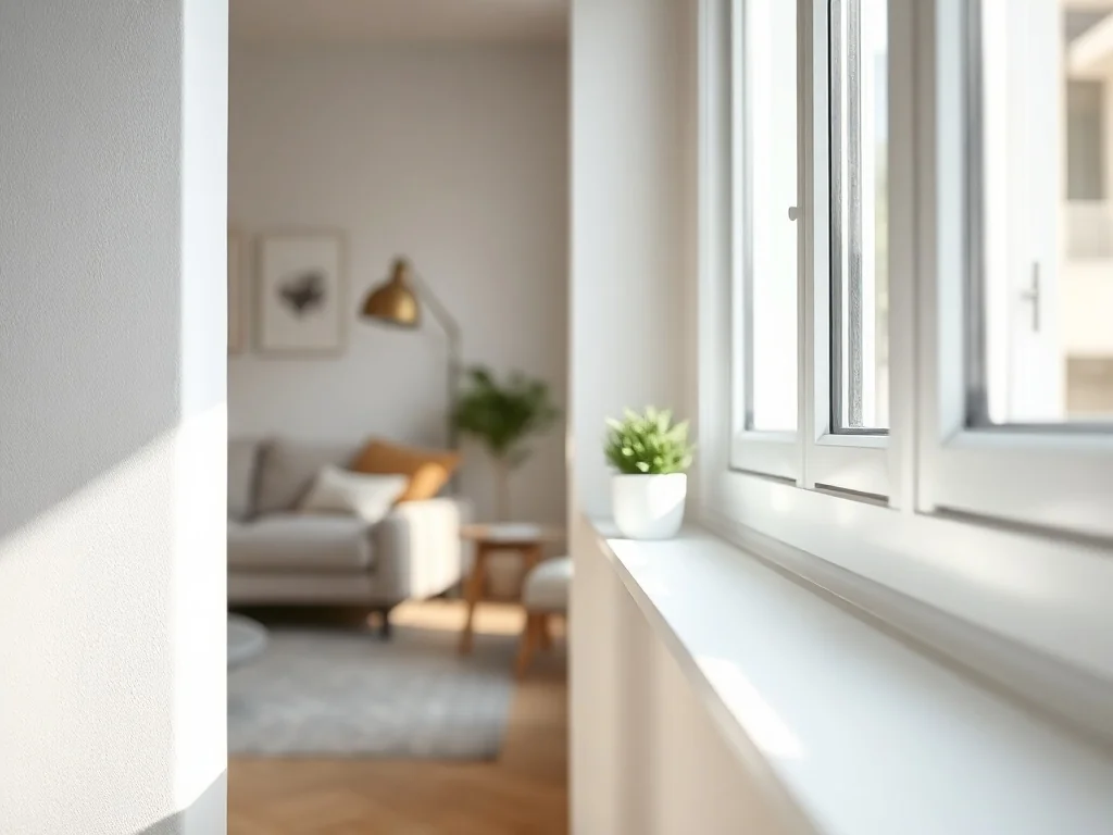 Parapet wewnętrzny w jasnym salonie, wystający kilka centymetrów poza ścianę, z doniczką w stylu skandynawskim.