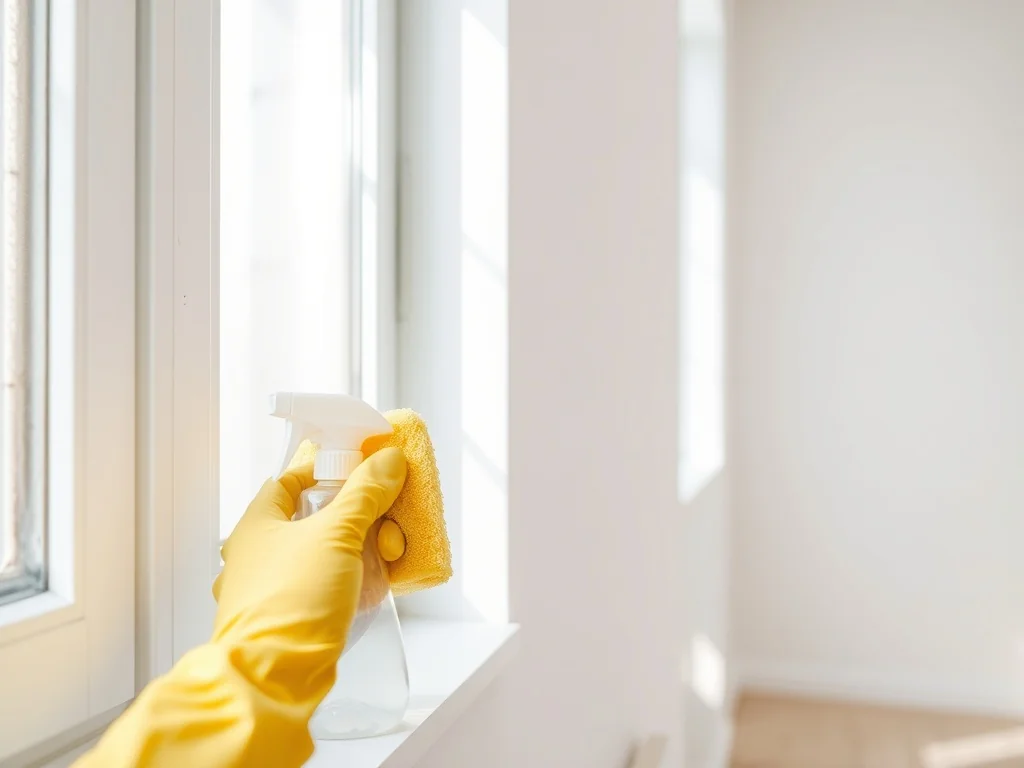 Ręka w rękawiczce czyści żółtą gąbką pleśń na białej ścianie, obok stoi spray z środkiem czyszczącym.