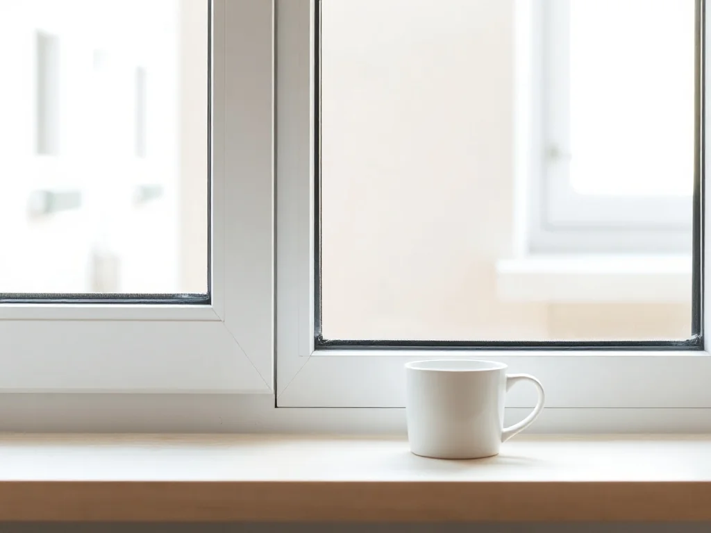 Minimalistyczny biały parapet z jasnego materiału, z doniczką i kubkiem, w jasnym, skandynawskim wnętrzu.